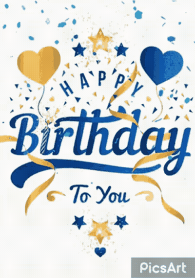 A Blue And Gold Birthday Greeting Card With Balloons And Confetti GIF