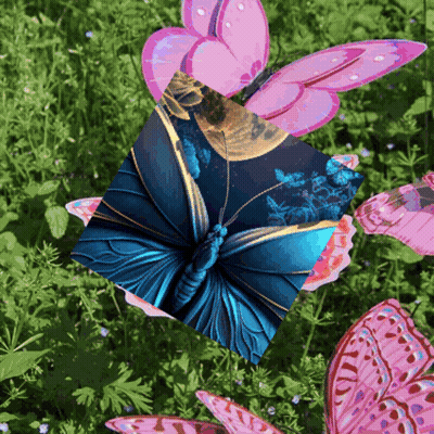 A Blue And Gold Butterfly With Pink Wings Is Surrounded By Pink Butterflies GIF