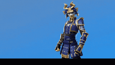 A Blue And Gold Samurai With A Sword And A Spear GIF
