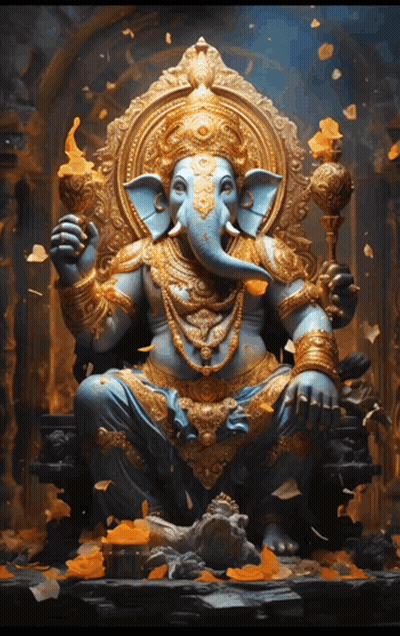 A Blue And Gold Statue Of An Elephant Holding A Torch And A Crown GIF