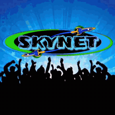 A Blue And Green Skynet Logo With A Crowd In The Background GIF