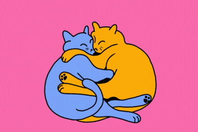 A Blue And Orange Cat Hugging Each Other With Hearts In The Background GIF