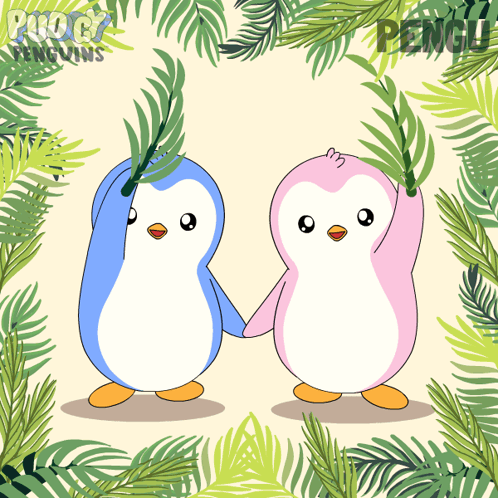 A Blue And Pink Penguin Holding Hands With The Word Penguins Behind Them GIF