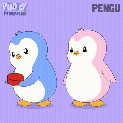 A Blue And Pink Penguin Standing Next To Each Other With The Word Pengu On The Bottom GIF