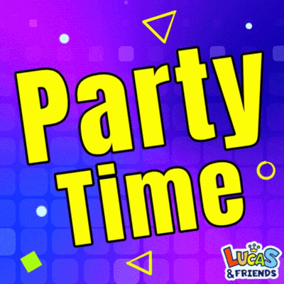 A Blue And Purple Background With The Words Party Time Lucas & Friends GIF