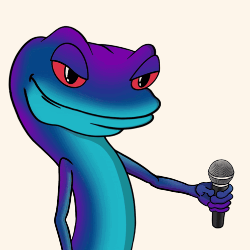 A Blue And Purple Cartoon Character With Red Eyes And A Fist GIF