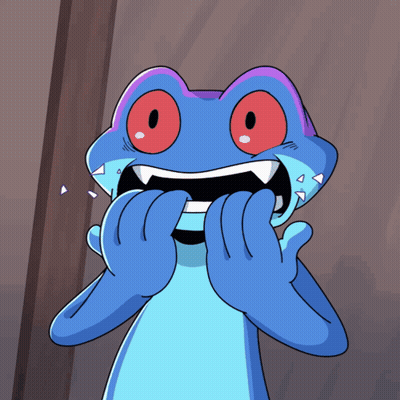 A Blue And Purple Frog With Red Eyes Is Covering Its Mouth With Its Hands GIF