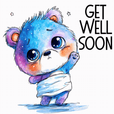 A Blue And Purple Teddy Bear Wrapped In A Bandage With The Words Get Well Soon Written Below It GIF