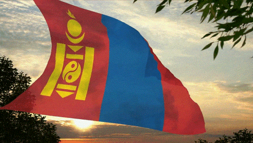 A Blue And Red Flag With A Yellow Emblem That Says ' Mongolia ' GIF