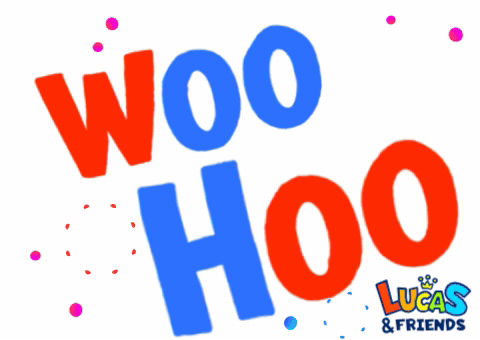 A Blue And Red Logo For Woo Hoo And Lucas & Friends GIF