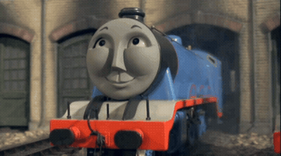 A Blue And Red Train With The Name Gordon On The Front Of It GIF