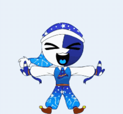 A Blue And White Cartoon Character With A Blue Hat And Pants GIF