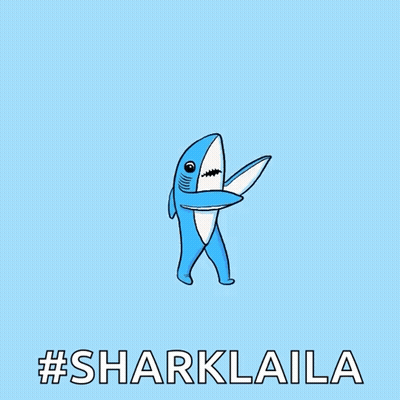 A Blue And White Cartoon Shark With The Words #Sharklaila Below It GIF