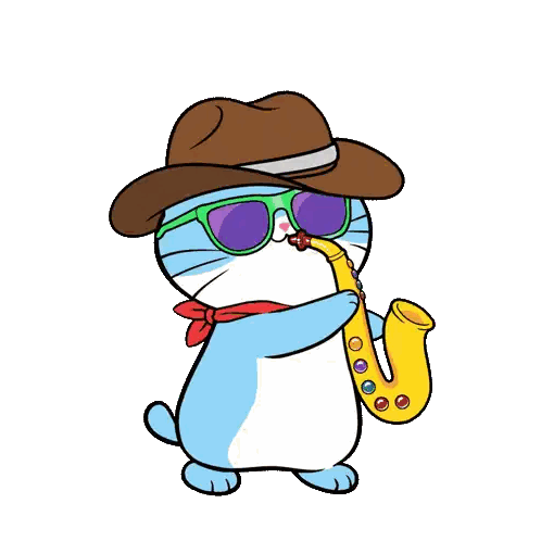 A Blue And White Cat Wearing A Hat And Sunglasses Is Playing A Saxophone Sticker