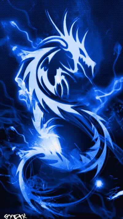 A Blue And White Dragon On A Black Background With The Letters Gyear Visible GIF