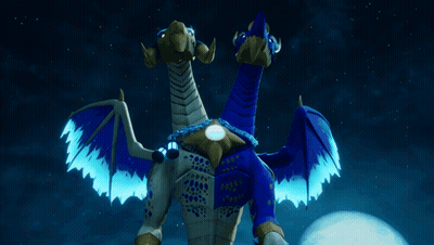 A Blue And White Dragon Stands In Front Of A Full Moon In The Night Sky GIF