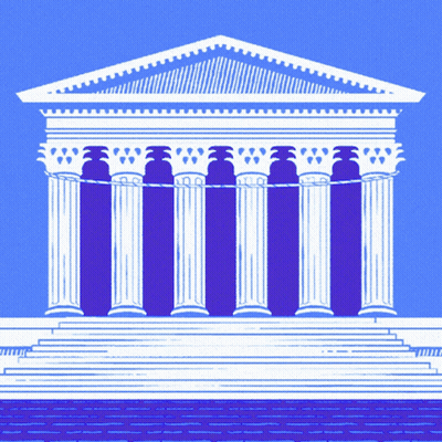A Blue And White Drawing Of A Building With Columns On A Blue Background GIF