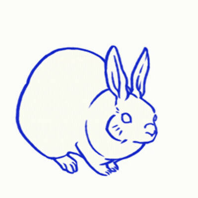A Blue And White Drawing Of A Rabbit With A Red Heart Above It GIF