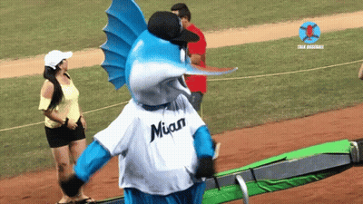 A Blue And White Fish Mascot Wearing A Miami Jersey GIF