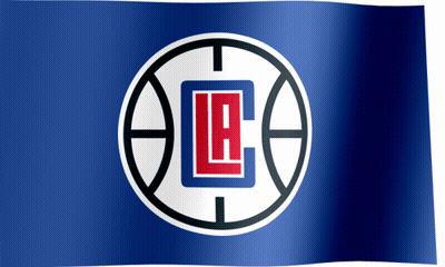 A Blue And White Flag With A Basketball And A Letter L On It GIF