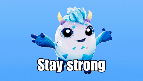 A Blue And White Monster With Horns And The Words Stay Strong On The Bottom GIF
