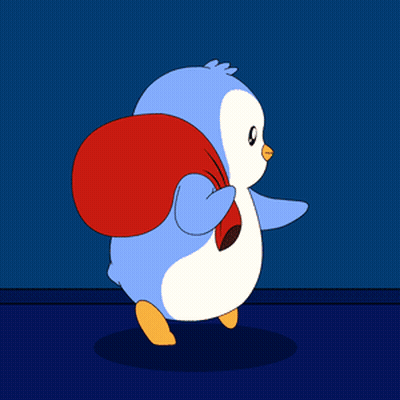 A Blue And White Penguin Carrying A Red Bag Of Gifts GIF