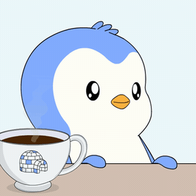 A Blue And White Penguin Drinking A Cup Of Coffee GIF