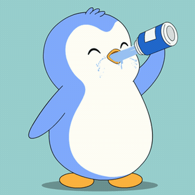 A Blue And White Penguin Drinking From A Can GIF