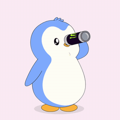 A Blue And White Penguin Drinking From A Can GIF