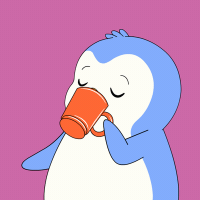 A Blue And White Penguin Drinking From An Orange Mug With A Cookie In Its Mouth GIF