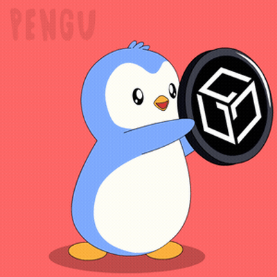 a blue and white penguin holding a black coin with a cube on it