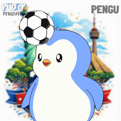 A Blue And White Penguin Holding A Soccer Ball In Front Of A Statue Of Liberty And The Word Pengu GIF