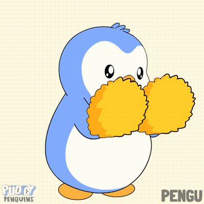 A Blue And White Penguin Is Cheering With Pom Poms And The Word Pengu Is On The Bottom GIF