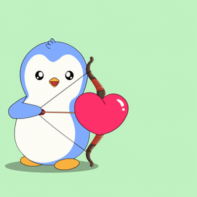 A Blue And White Penguin Is Holding A Bow And Arrow And Aiming At A Heart GIF