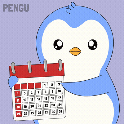 A Blue And White Penguin Is Holding A Calendar With The Word Pengu On The Bottom GIF