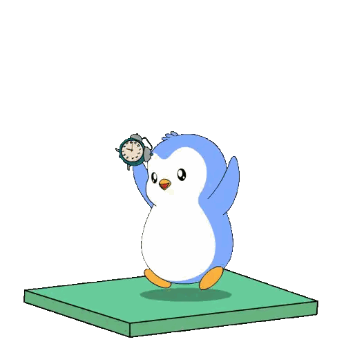 A Blue And White Penguin Is Holding A Clock And Jumping In The Air Sticker