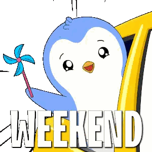 A Blue And White Penguin Is Holding A Pinwheel And The Word Weekend Is Above It Sticker