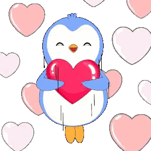 A Blue And White Penguin Is Holding A Red Heart Sticker