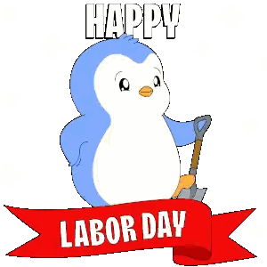 A Blue And White Penguin Is Holding A Shovel And A Red Ribbon That Says Happy Labor Day Sticker