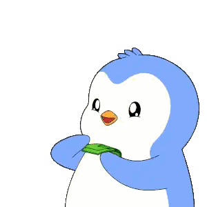 A Blue And White Penguin Is Holding A Stack Of Green Money Sticker