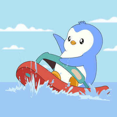 A Blue And White Penguin Is Riding A Red Jet Ski In The Ocean GIF