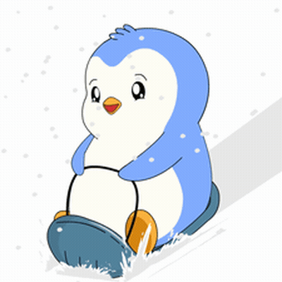 A Blue And White Penguin Is Riding A Sled With A Bitcoin Symbol On It GIF