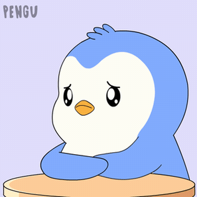 A Blue And White Penguin Is Sitting At A Table With The Word Pengu Written On The Bottom GIF