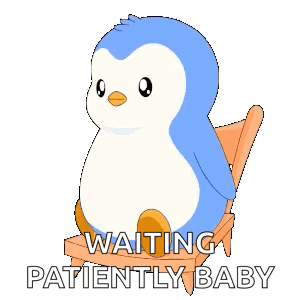 A Blue And White Penguin Is Sitting On A Chair With The Words Waiting Patiently Baby Below It GIF