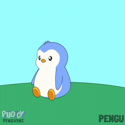 A Blue And White Penguin Is Sitting On A Grassy Hill With The Words Pudgy Penguins Below It GIF