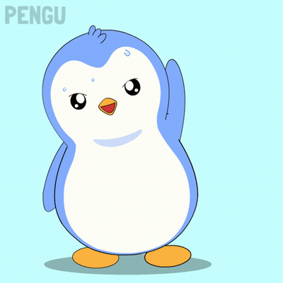 A Blue And White Penguin Is Standing In Front Of A Blue Background That Says Pengu GIF