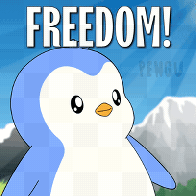 A Blue And White Penguin Is Standing In Front Of A Mountain With The Words Freedom Written Above It GIF