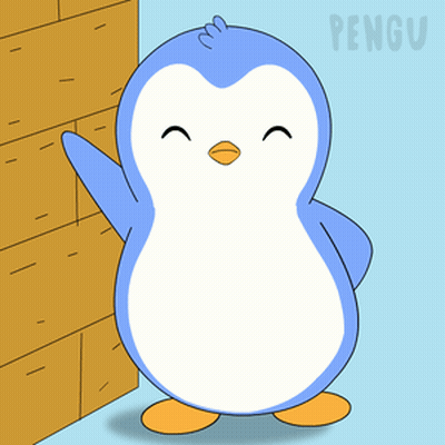 A Blue And White Penguin Is Standing In Front Of A Wall And The Word Pengu Is On The Bottom Right GIF