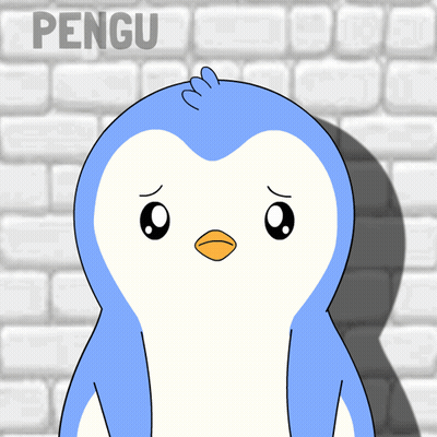 A Blue And White Penguin Is Standing In Front Of A White Brick Wall With The Word Pengu Written On It GIF