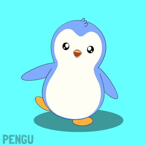 A Blue And White Penguin Is Standing On A Blue Background With The Word Pengu Below It GIF